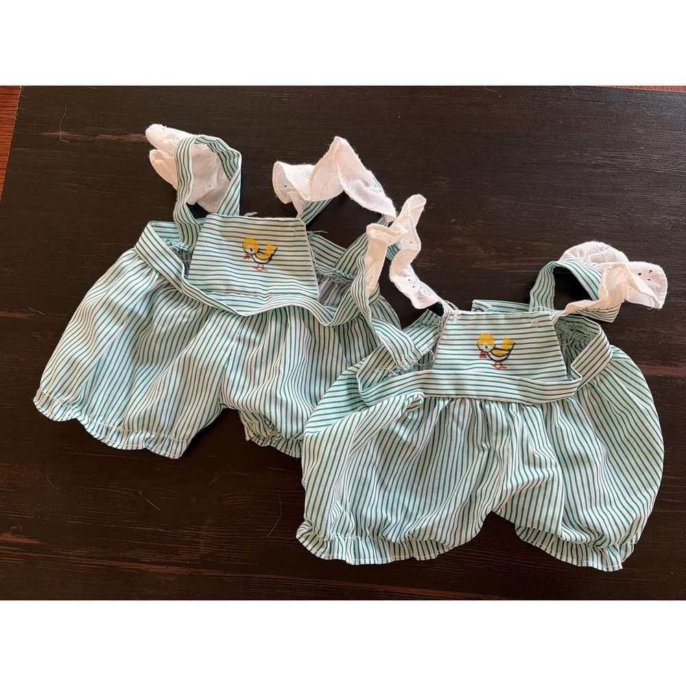 1980's CPK VTG Identical Twins Pack Green Striped Sunsuit Rompers Preemie Set 2